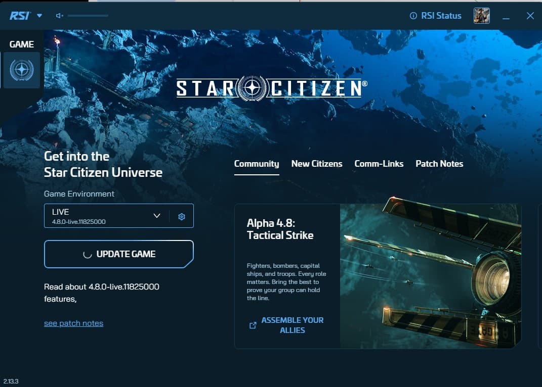 RSI Launcher home screen with Star Citizen selected, showing the channel and build number string displayed beneath the LAUNCH GAME button