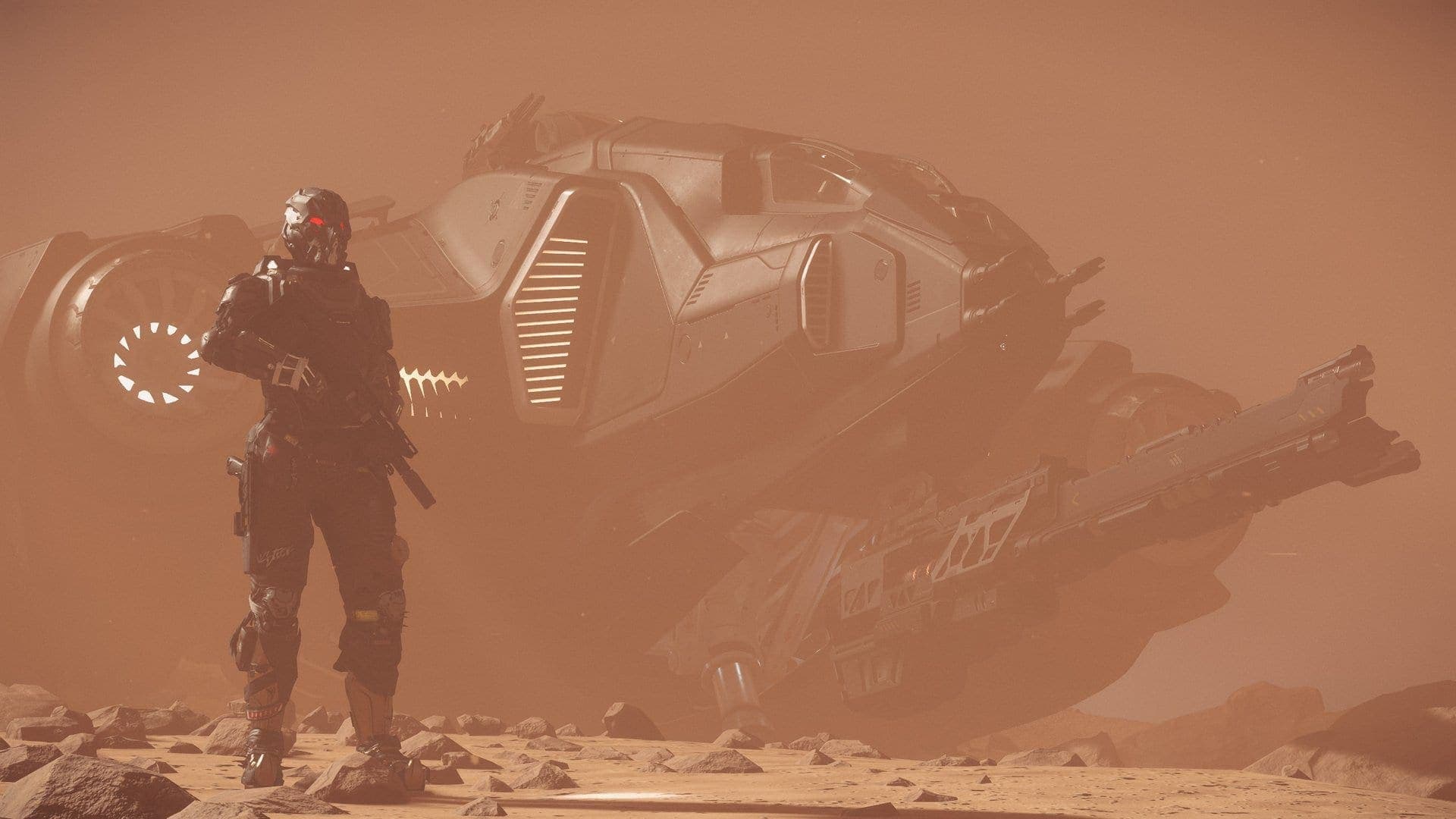 Explorer standing by spacecraft in dust storm