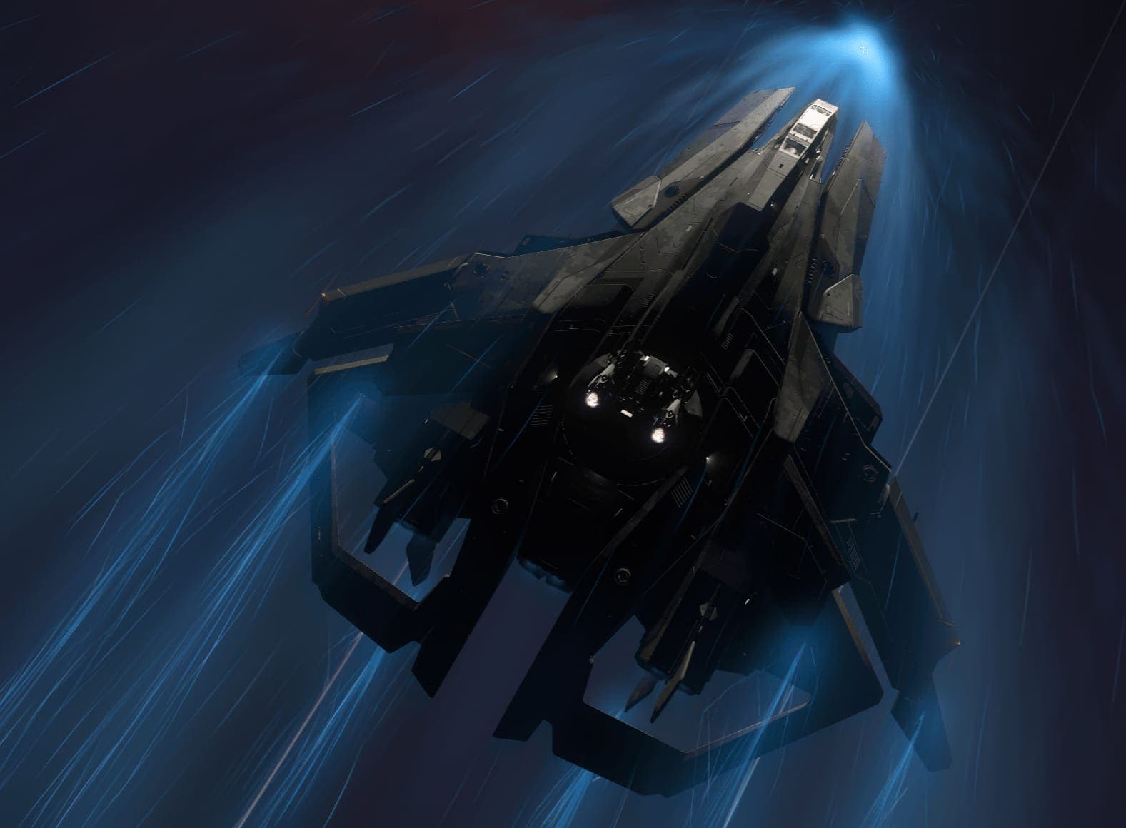 Ship entering quantum travel with streaking light effects