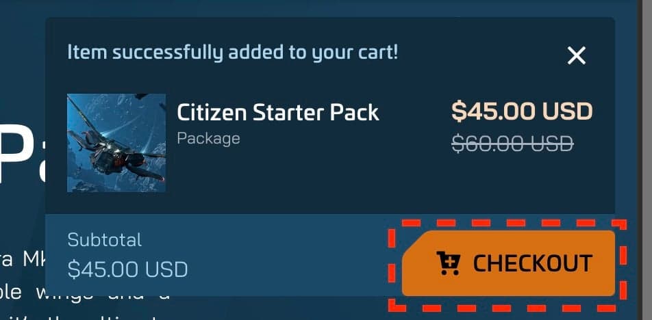 Item successfully added to cart confirmation showing the Citizen Starter Pack with the Checkout button highlighted