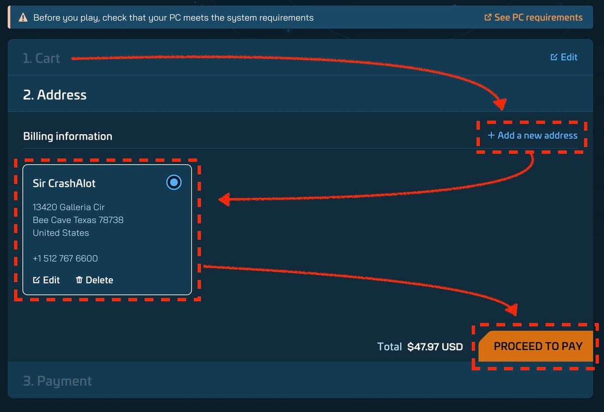 RSI checkout page on the Address step with a billing address selected and the Proceed to Pay button highlighted