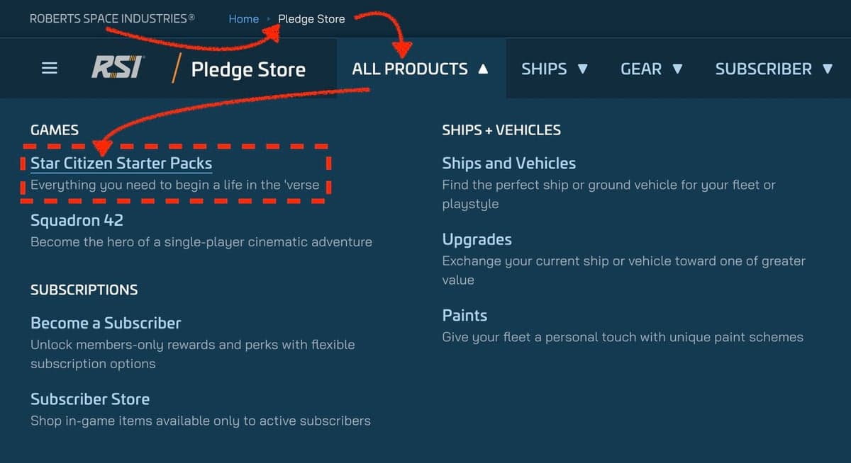 RSI Pledge Store navigation menu with the All Products dropdown open and Star Citizen Starter Packs highlighted