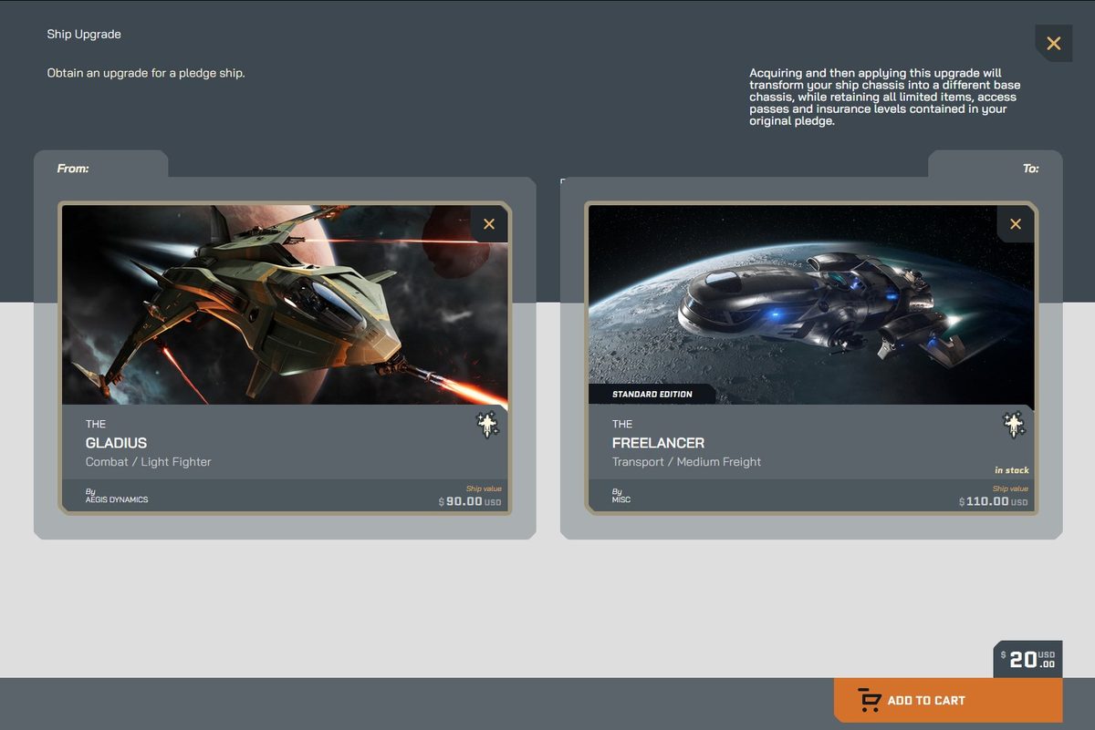 RSI pledge store showing a Cross-Chassis Upgrade listed as available for purchase