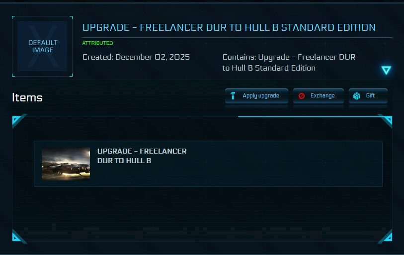 RSI My Hangar page showing the Apply Upgrade button on a ship pledge