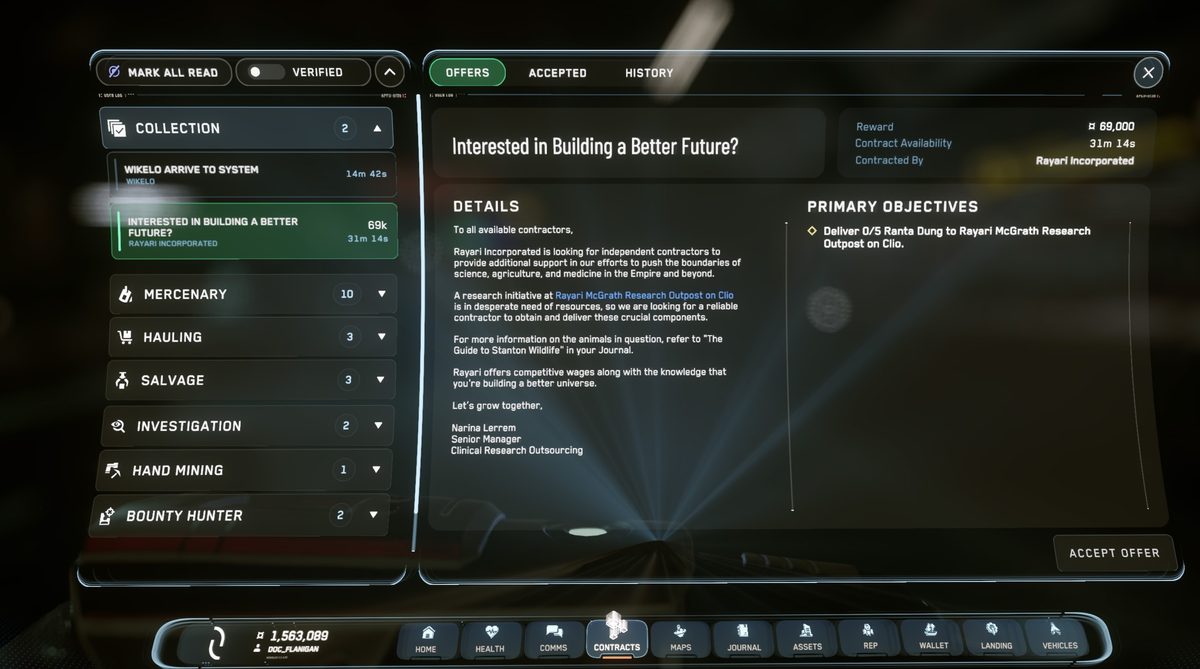 Star Citizen MobiGlas open to the Mission Manager app showing beginner delivery missions available to accept