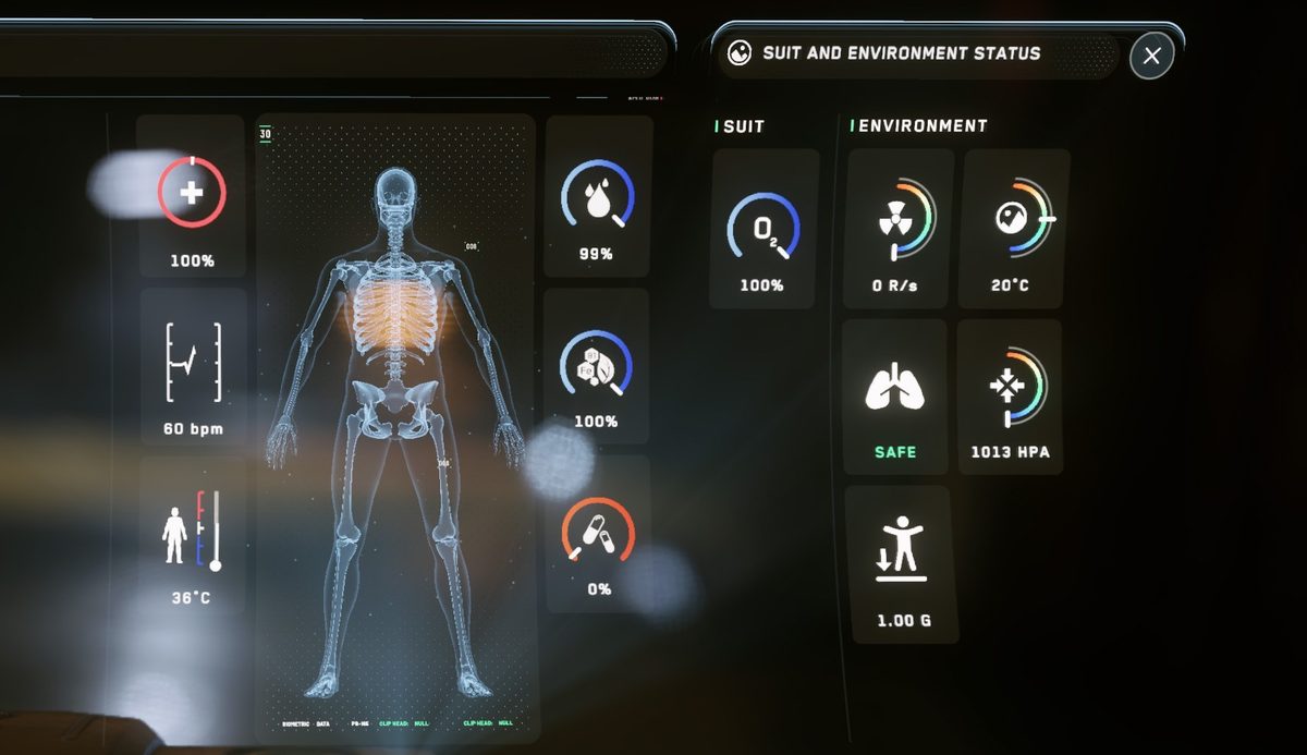Star Citizen character status screen open via F1 showing the blue hydration bar and the green nutrition hunger bar