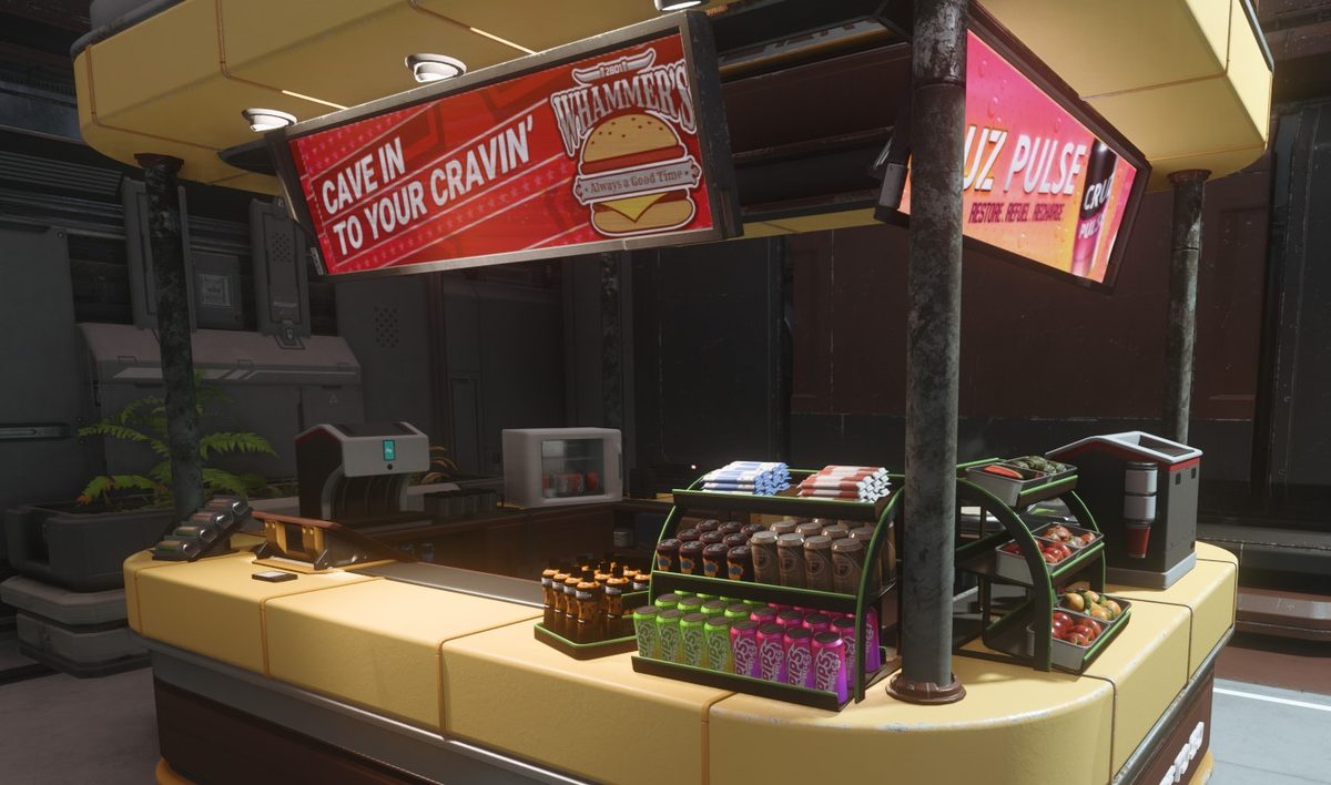 Star Citizen vending machine in a space station common area with food and drink options visible on the display