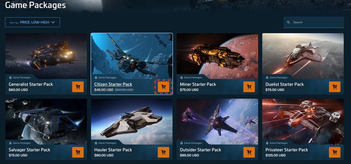 RSI pledge store showing the list of Star Citizen starter game packages available for purchase
