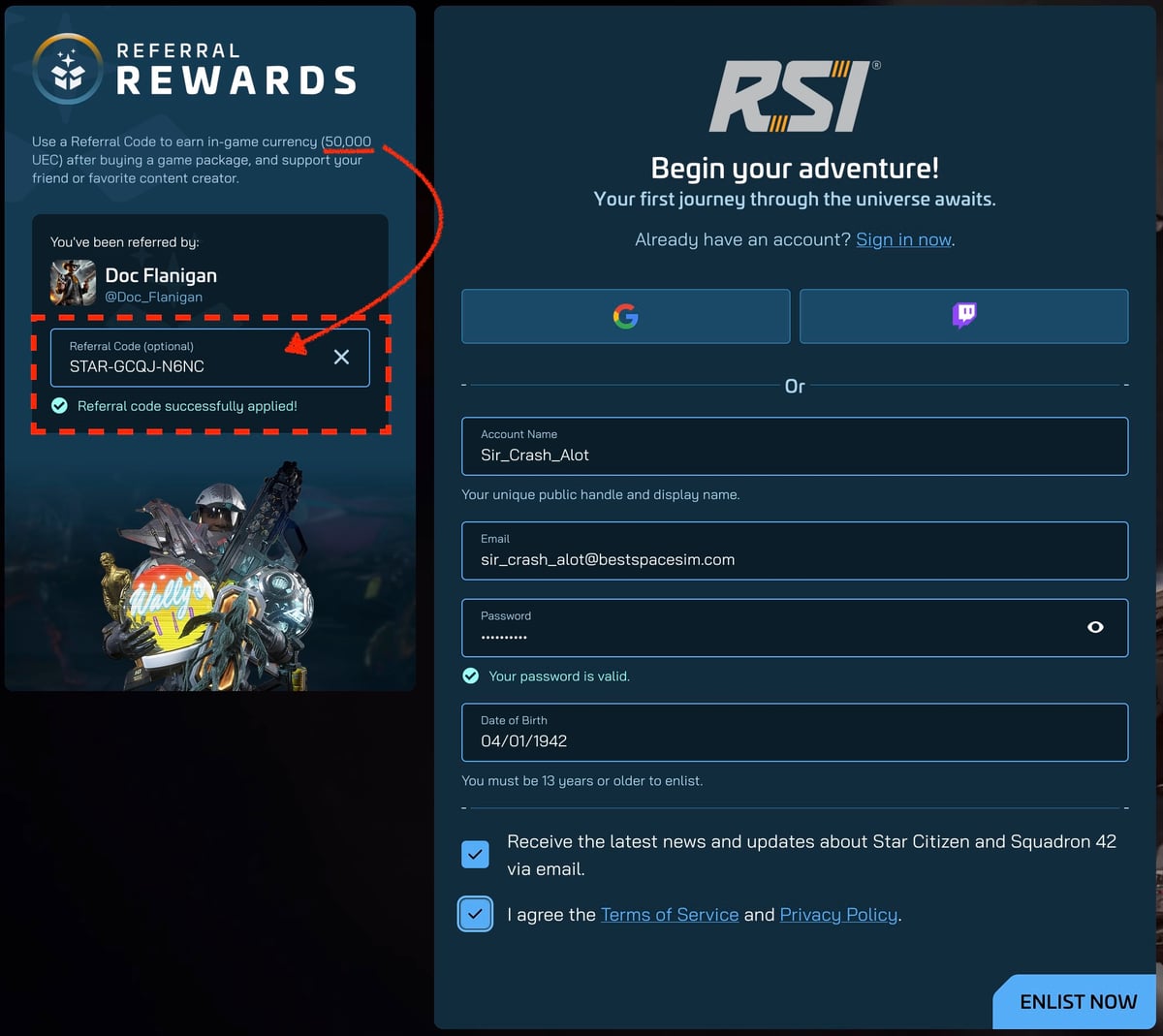 RSI account signup form showing the Referral Code field with a referral code being entered