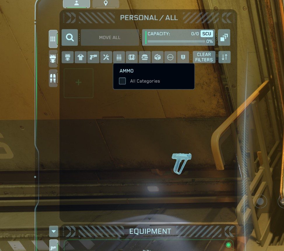 Close-up of Star Citizen inventory screen with a weapon being dragged from personal inventory into ship storage