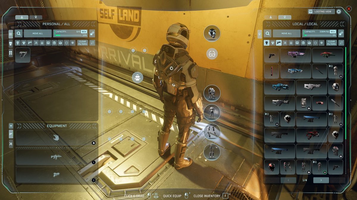Star Citizen inventory screen showing personal inventory panel on the left and ship storage panel on the right