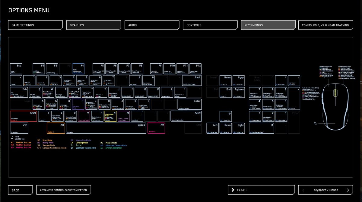 Star Citizen Options menu keybindings screen with the search bar and a list of actions and their assigned keys