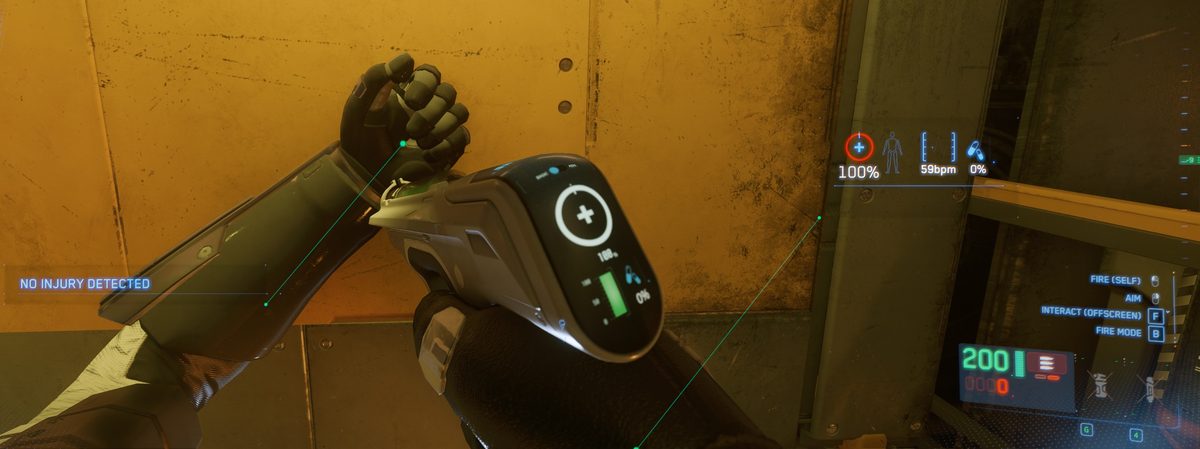 Star Citizen first-person view of using a Med Gun on an incapacitated player lying on the ground