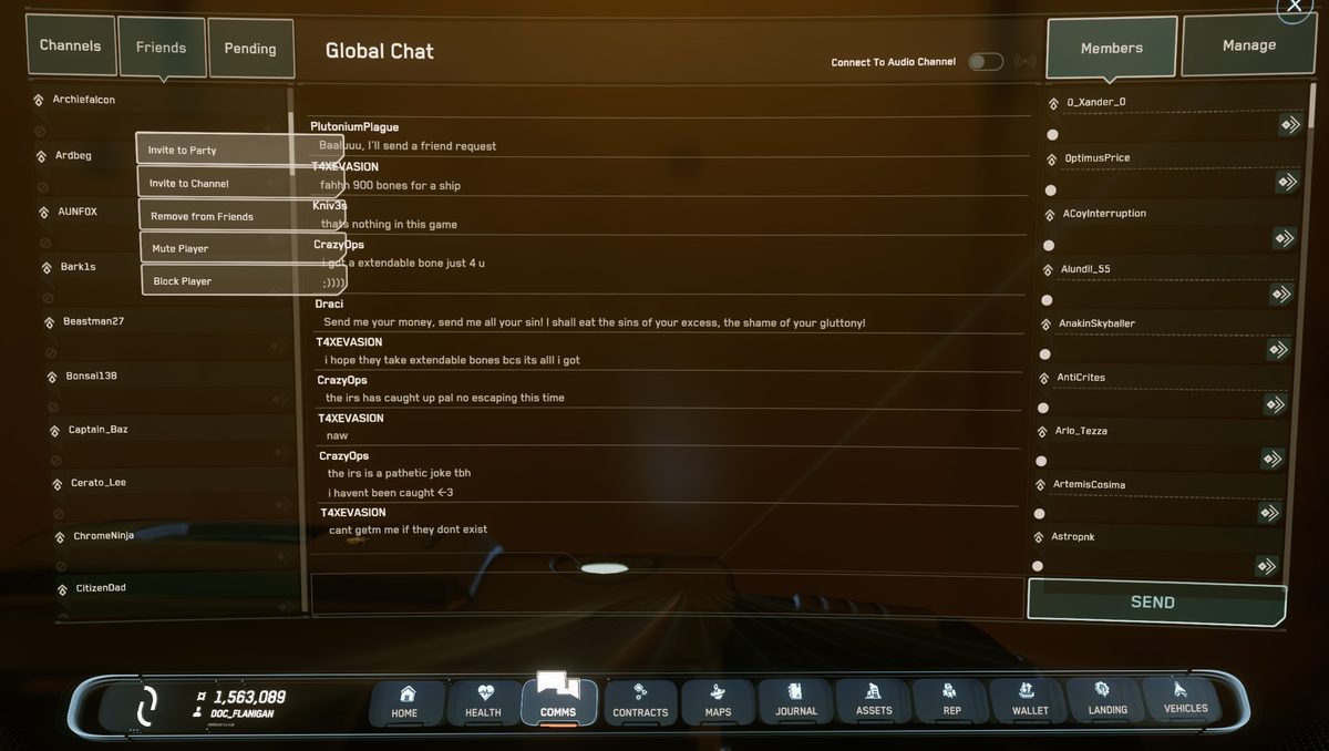Star Citizen F11 Commlink open to the Friends tab with a right-click context menu showing the Invite to Party option