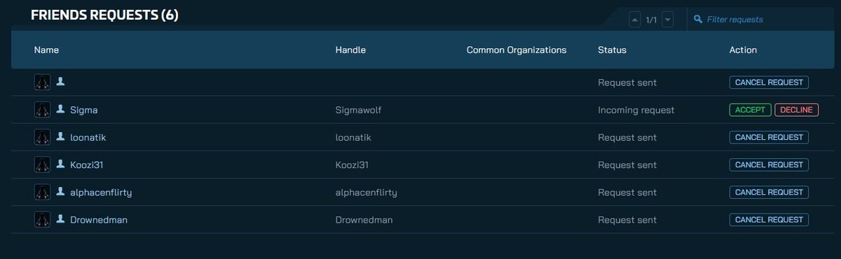 Spectrum settings page showing a list of pending incoming friend requests