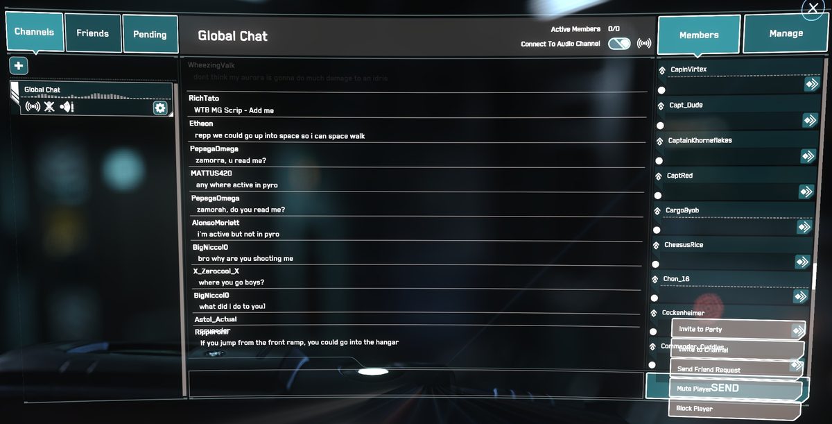 mobiGlas Commlink showing the Members panel with a player selected and the Send Friend Request option highlighted