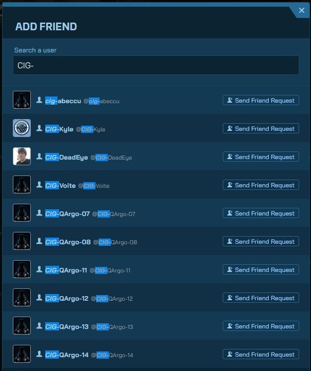 Star Citizen Spectrum profile page with a player handle entered in the search bar and the Add Friend button highlighted