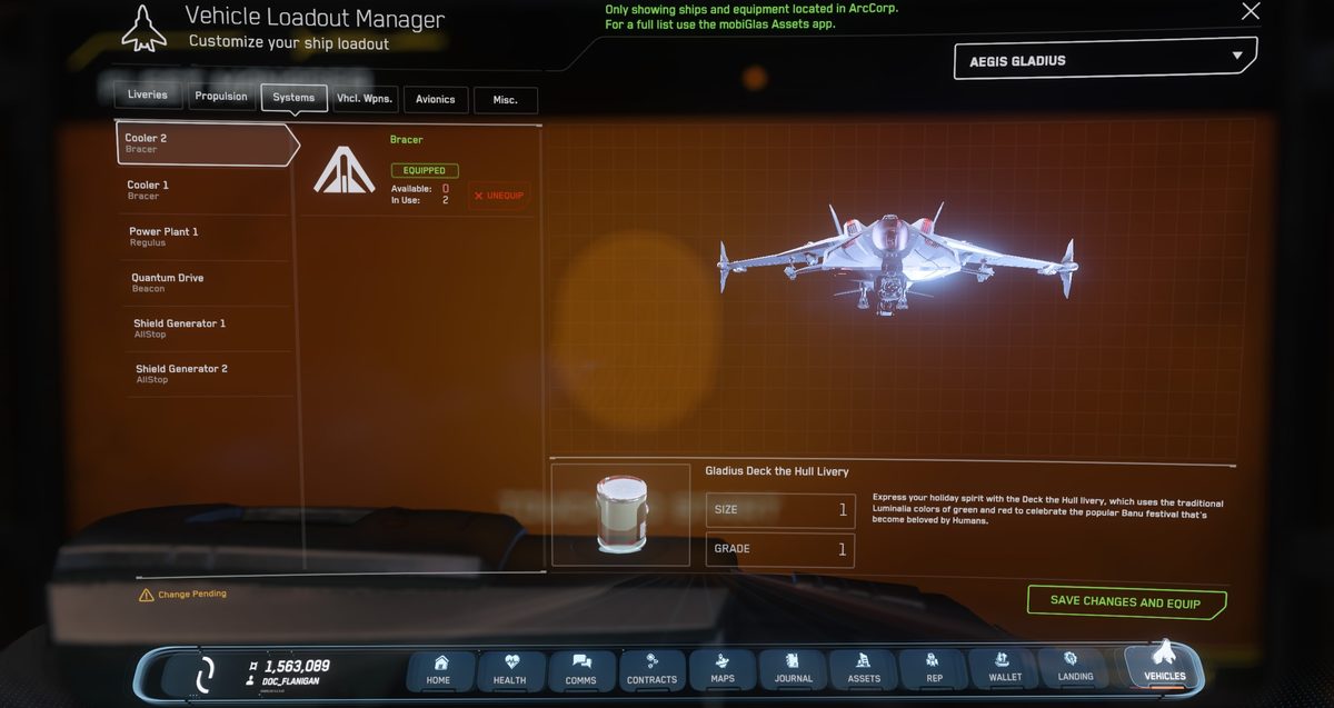 Star Citizen in-game ship loadout screen showing all component slots including power plant, cooler, quantum drive, and shield generators