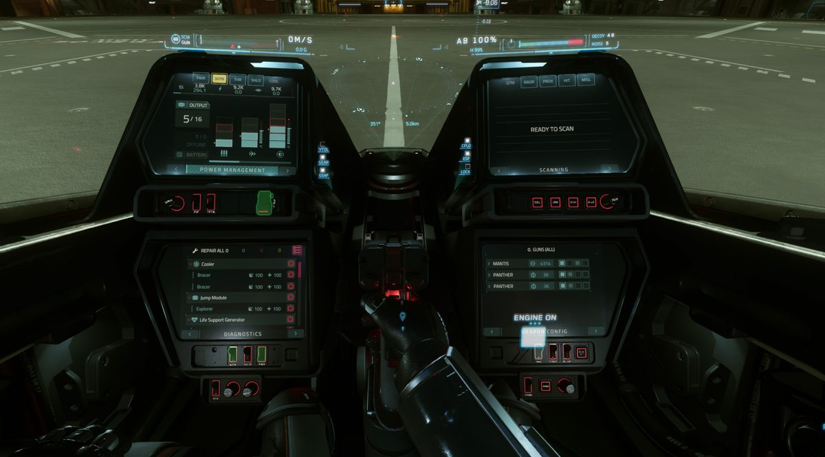 Star Citizen cockpit MFD showing the power triangle with weapons, shields, and engines allocation bars